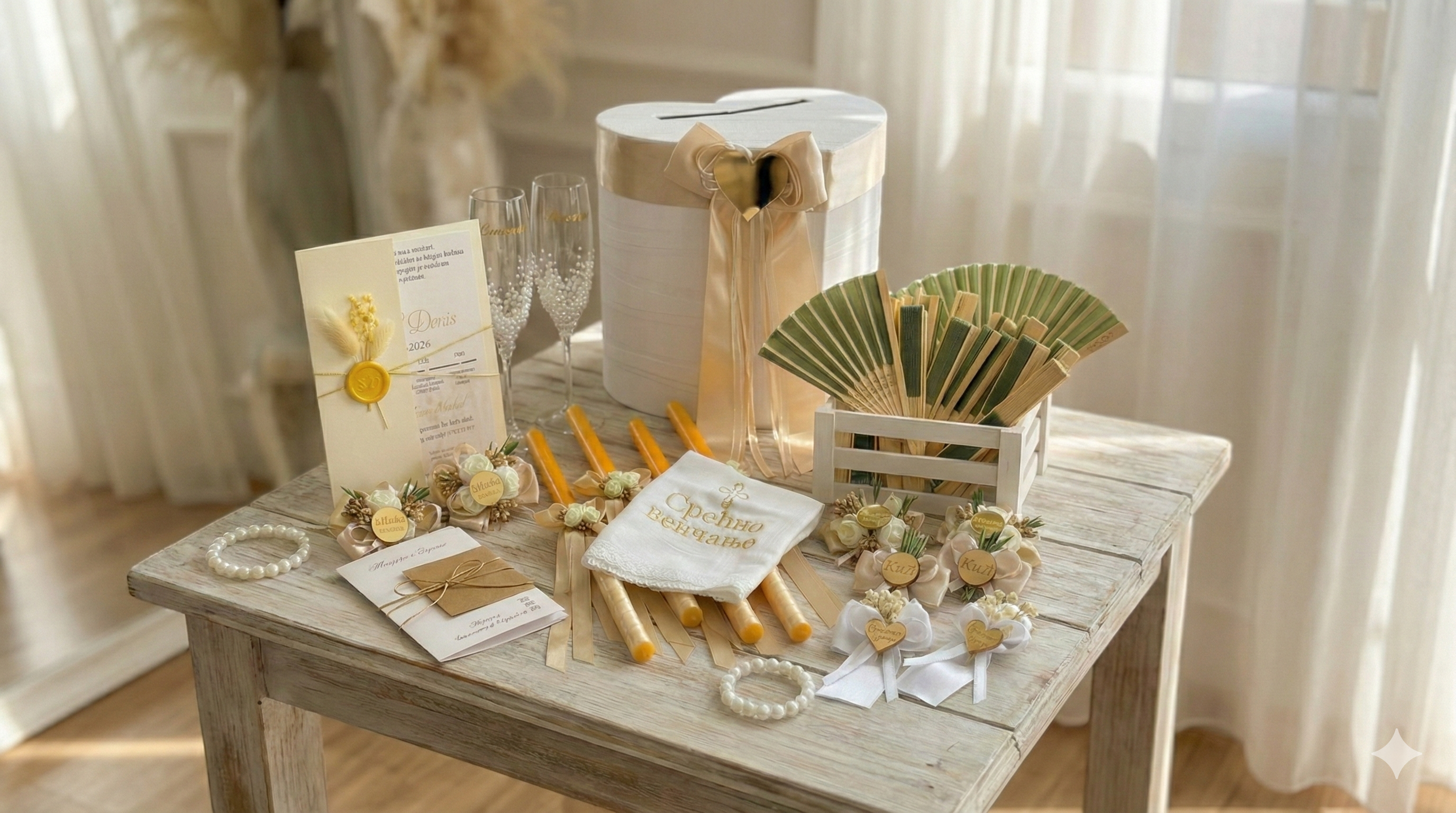 Dekorativna postavka stola sa svadbenim detaljima na drvenom stolu.